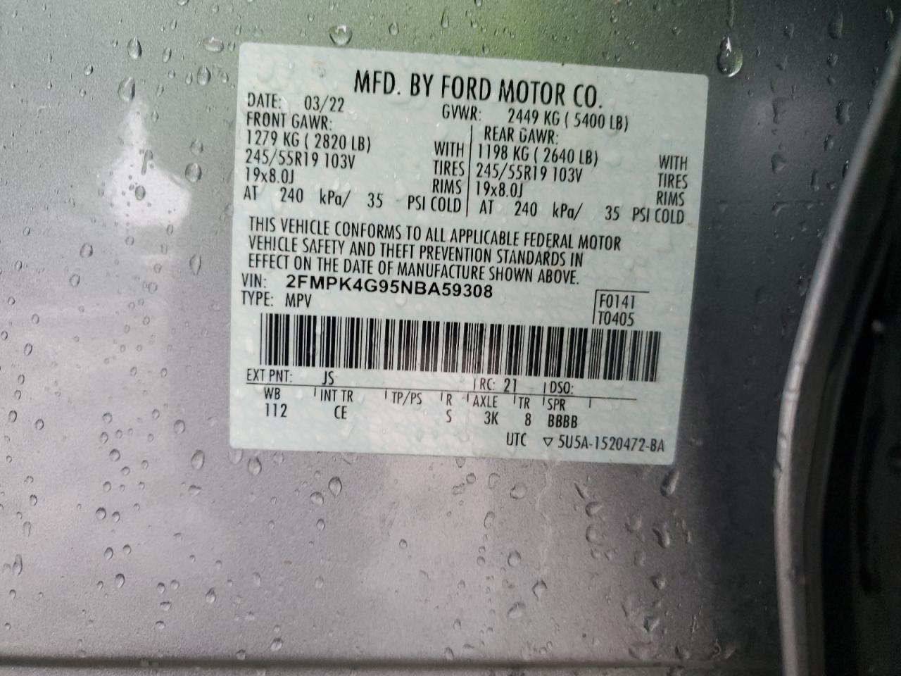 2022 FORD EDGE SE VIN:2FMPK4G95NBA59308
