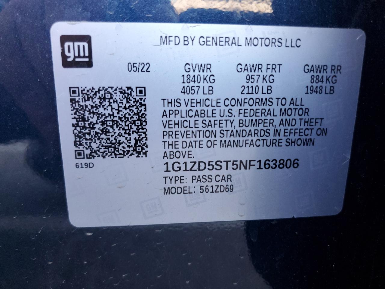 2022 CHEVROLET MALIBU LT VIN:1G1ZD5ST5NF163806