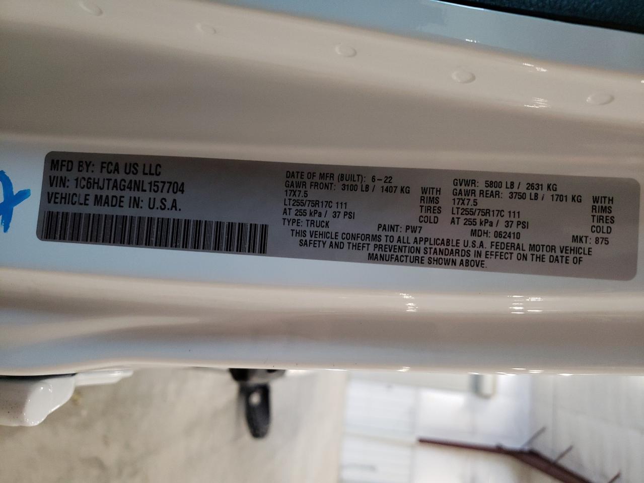 2022 JEEP GLADIATOR SPORT VIN:1C6HJTAG4NL157704