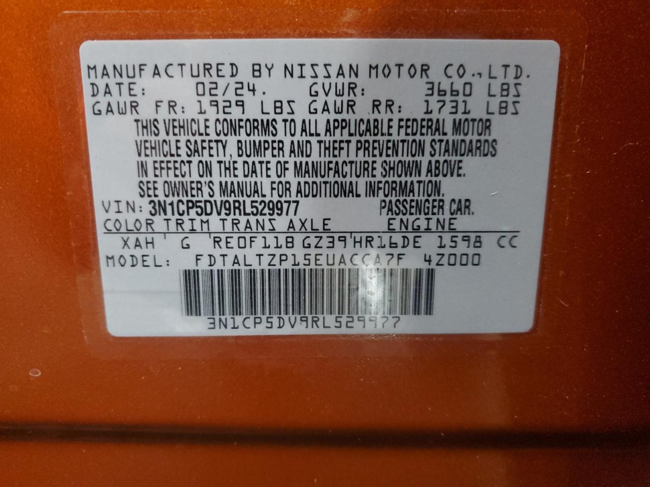2024 NISSAN KICKS SR VIN:3N1CP5DV9RL529977