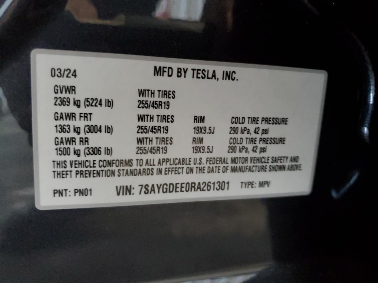 2024 TESLA MODEL Y  VIN:7SAYGDEE0RA261301