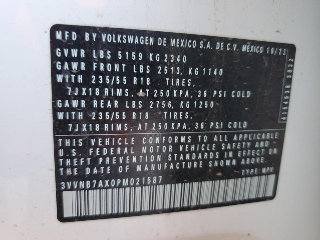 2023 VOLKSWAGEN TIGUAN SE VIN:3VVNB7AX0PM021587