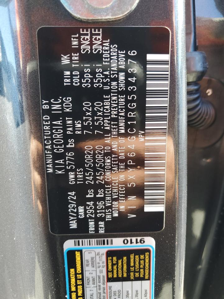 2024 KIA TELLURIDE S VIN:5XYP64GC1RG534376