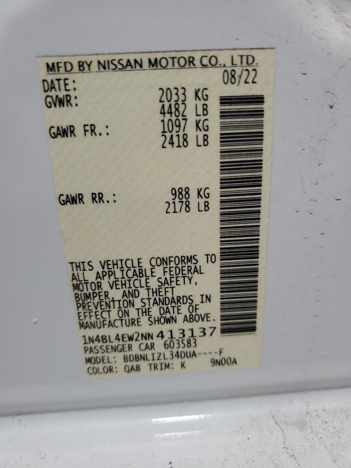 2022 NISSAN ALTIMA SL VIN:1N4BL4EW2NN413137