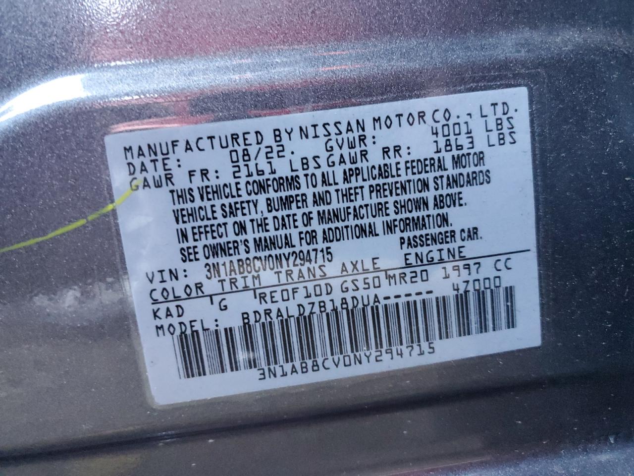 2022 NISSAN SENTRA SV VIN:3N1AB8CV0NY294715