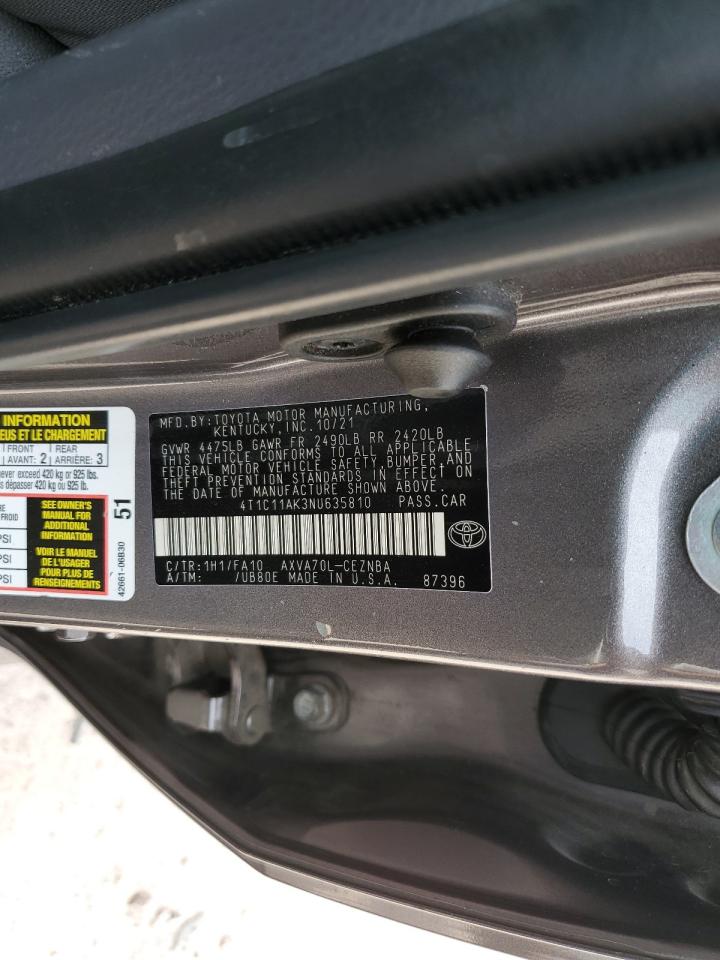 2022 TOYOTA CAMRY LE VIN:4T1C11AK3NU635810
