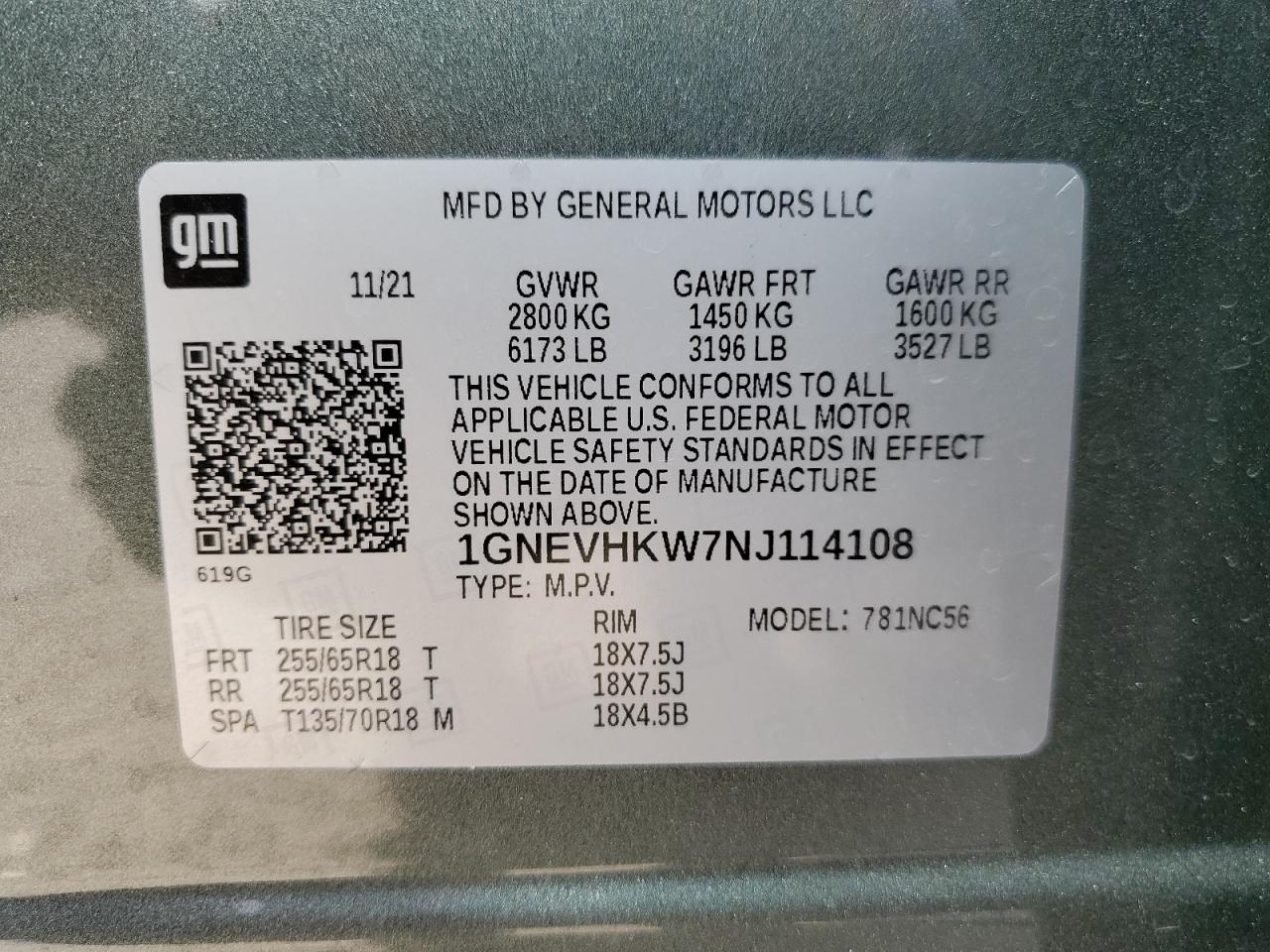 2022 CHEVROLET TRAVERSE LT VIN:1GNEVHKW7NJ114108