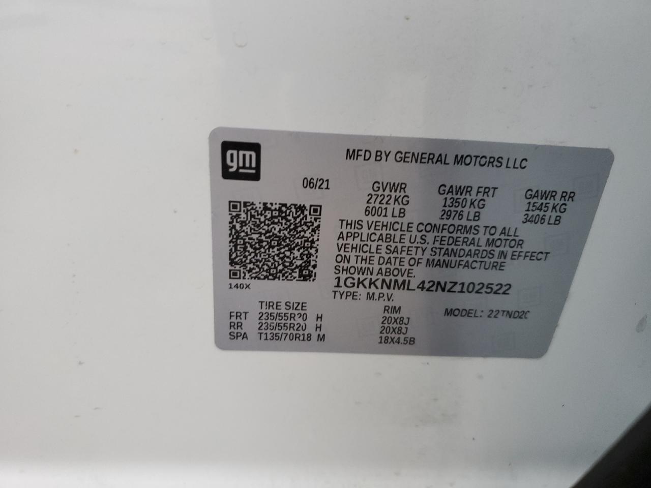 2022 GMC ACADIA SLT VIN:1GKKNML42NZ102522