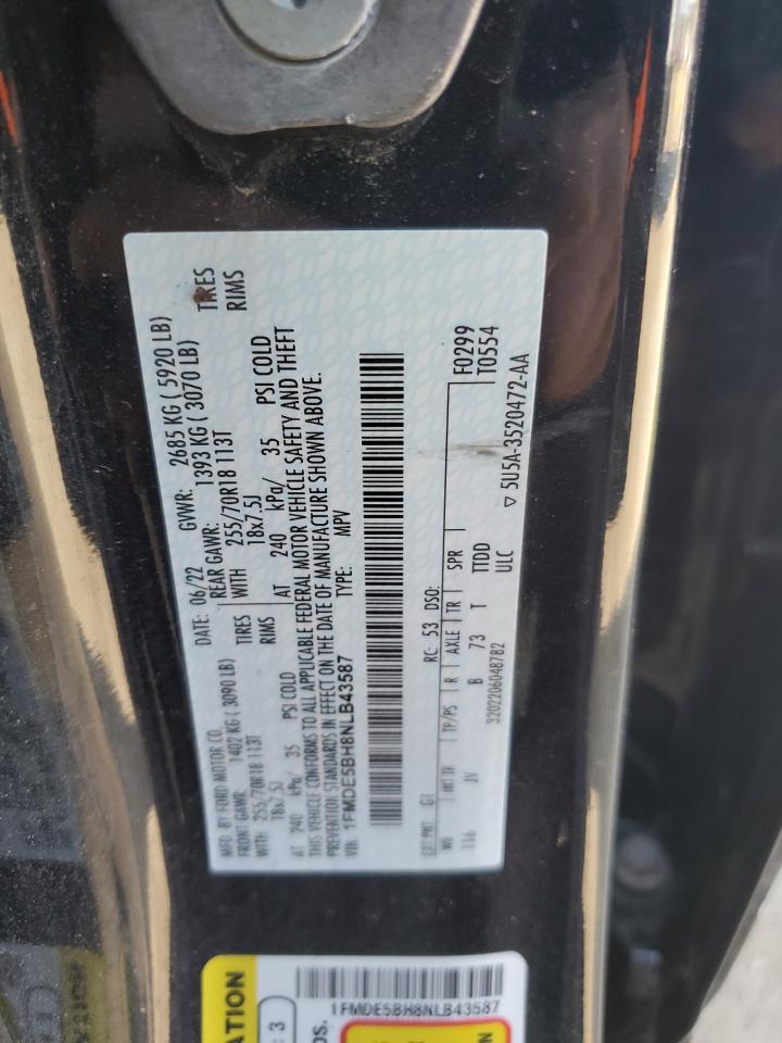 2022 FORD BRONCO BASE VIN:1FMDE5BH8NLB43587