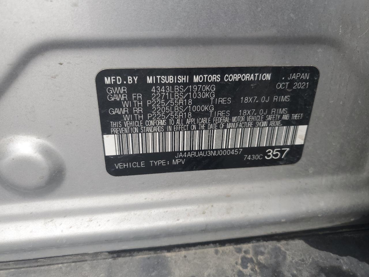 2022 MITSUBISHI OUTLANDER SPORT ES VIN:JA4ARUAU3NU000457