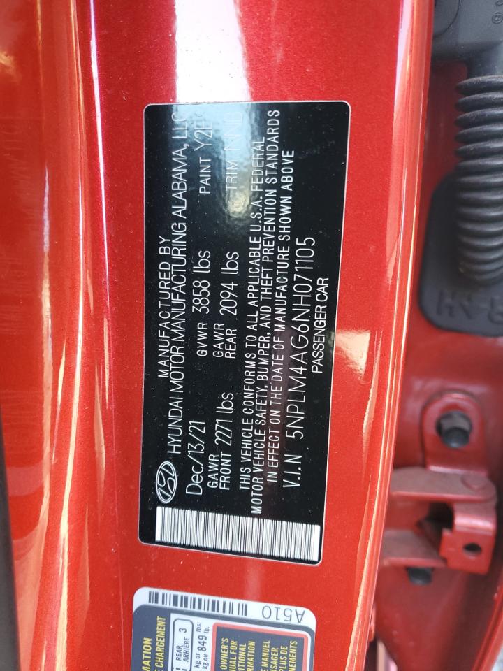 2022 HYUNDAI ELANTRA SEL VIN:5NPLM4AG6NH071105