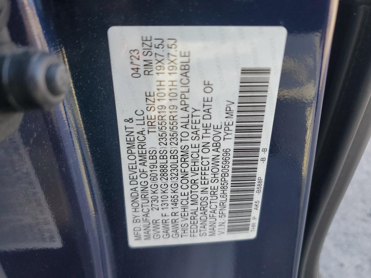 2023 HONDA ODYSSEY TOURING VIN:5FNRL6H85PB059696