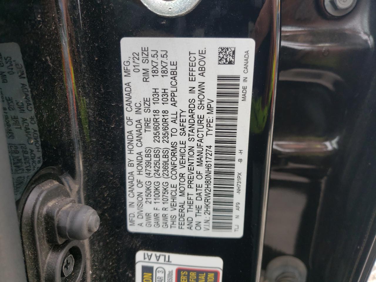 2022 HONDA CR-V EXL VIN:2HKRW2H80NH617274