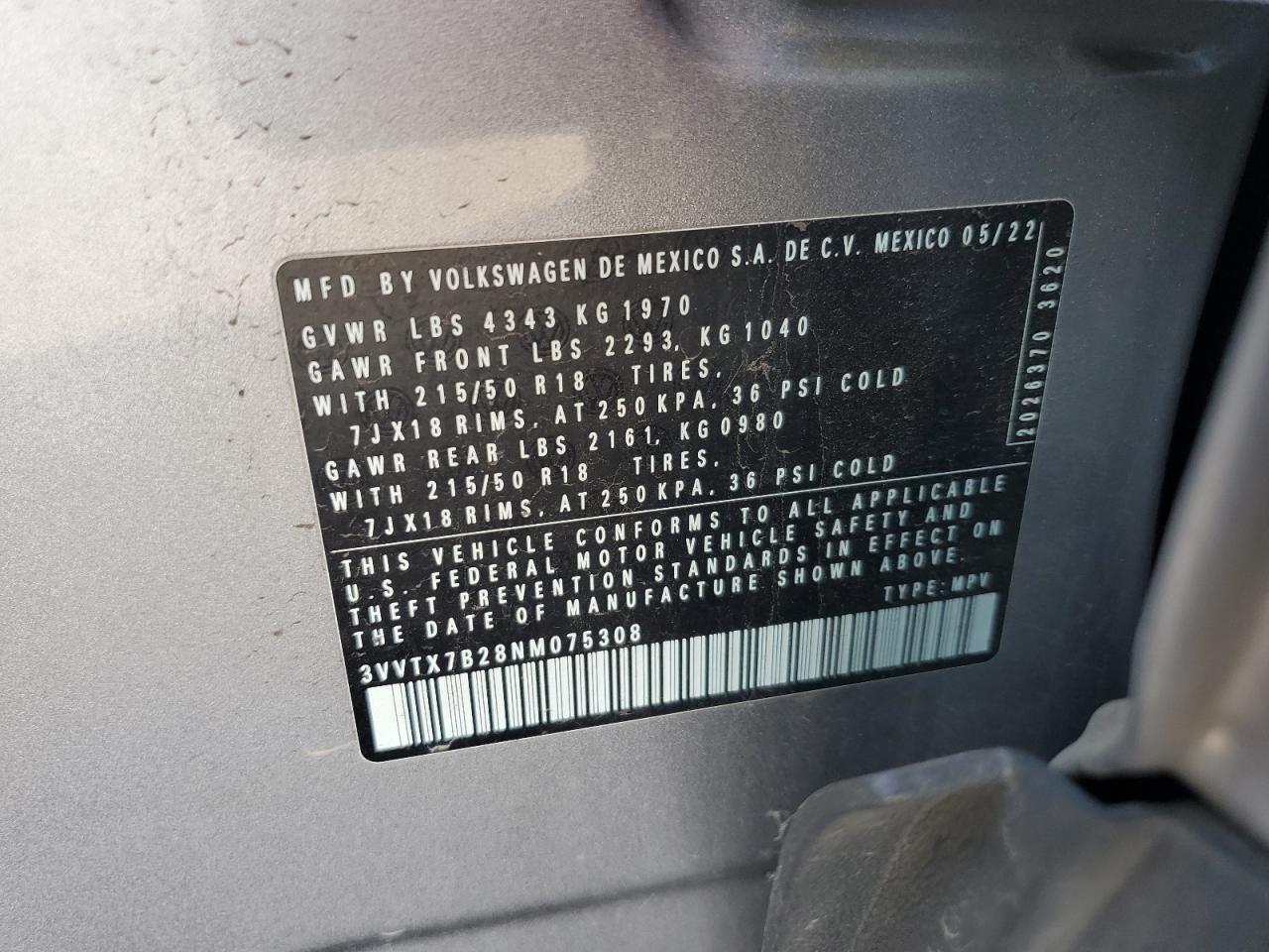 2022 VOLKSWAGEN TAOS SE VIN:3VVTX7B28NM075308