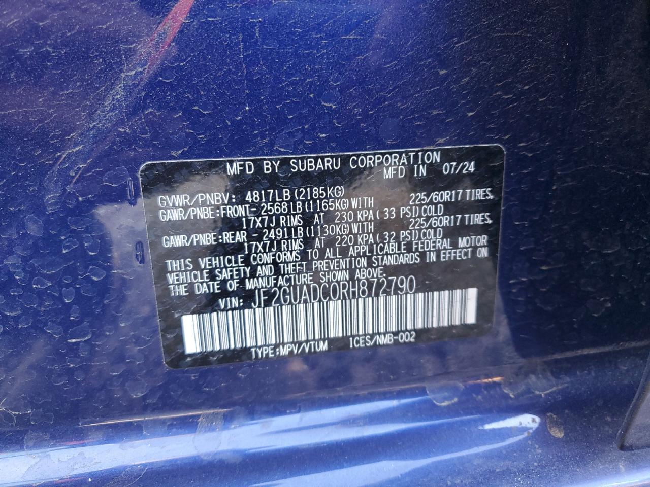 2024 SUBARU CROSSTREK PREMIUM VIN:JF2GUADC0RH872790