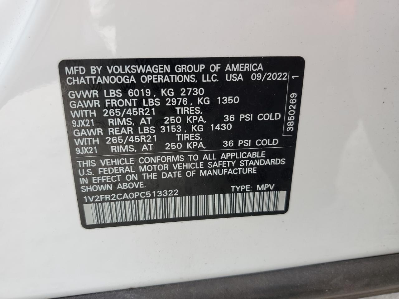 2023 VOLKSWAGEN ATLAS SEL PREMIUM R-LINE VIN:JF2SJADC8FH445470