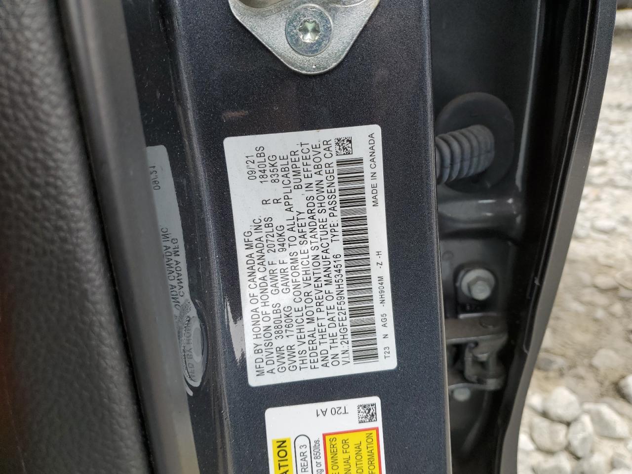 2022 HONDA CIVIC SPORT VIN:2HGFE2F59NH534516