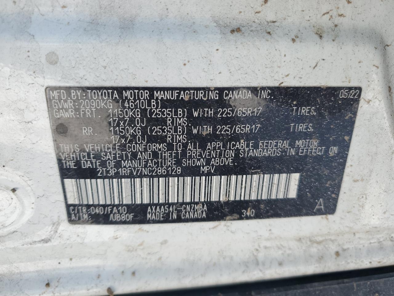 2022 TOYOTA RAV4 XLE VIN:2T3P1RFV7NC286128