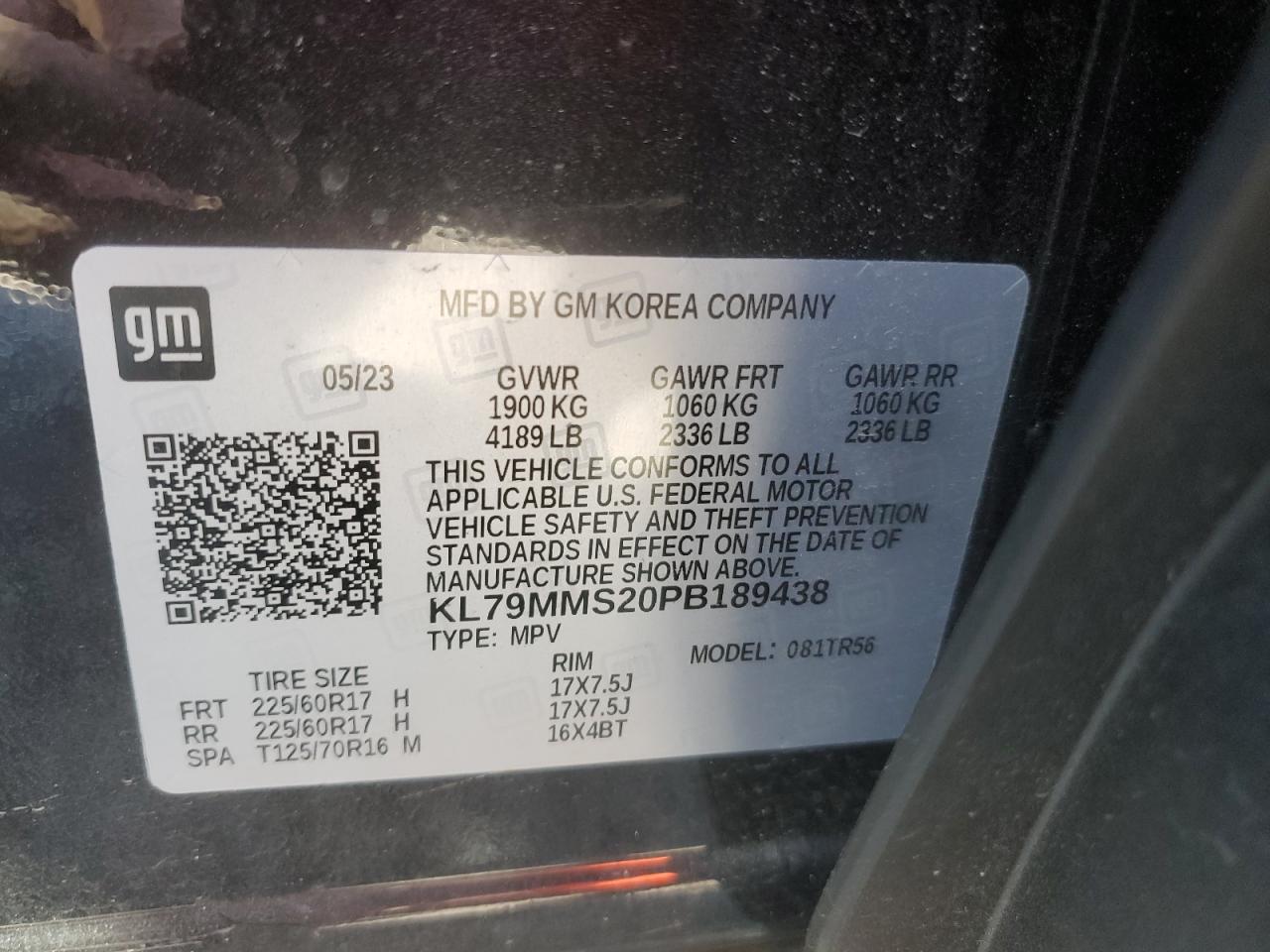 2023 CHEVROLET TRAILBLAZER LS VIN:KL79MMS20PB189438