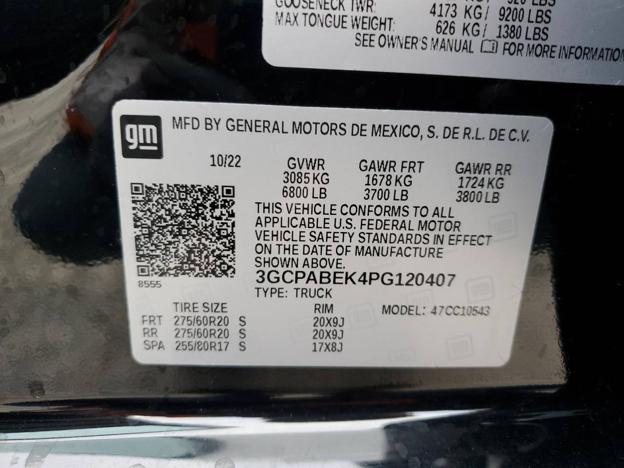 2023 CHEVROLET SILVERADO C1500 CUSTOM VIN:3GCPABEK4PG120407