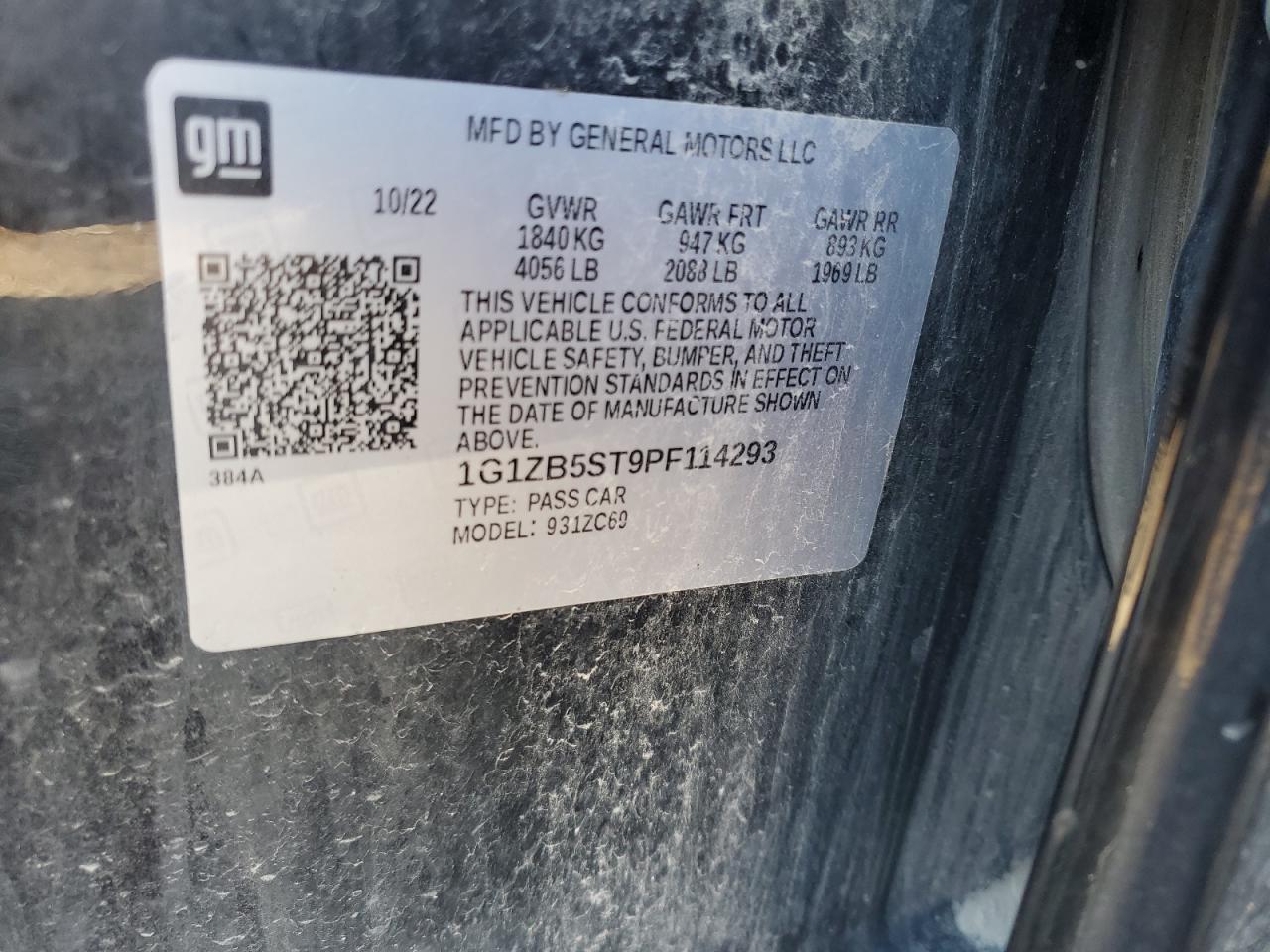 2023 CHEVROLET MALIBU LS VIN:1G1ZB5ST9PF114293