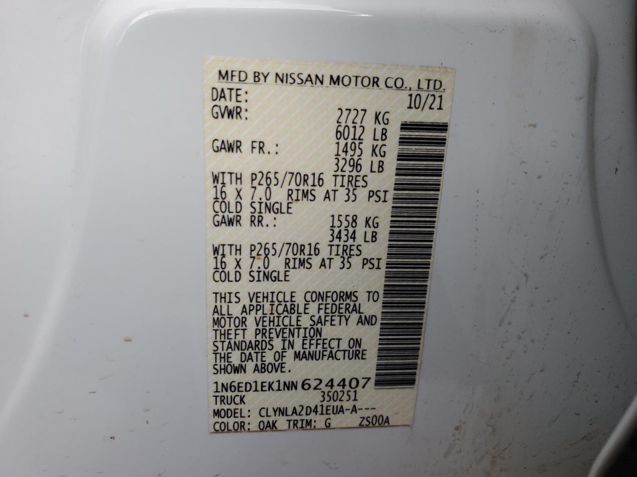 2022 NISSAN FRONTIER S VIN:1N6ED1EK1NN624407