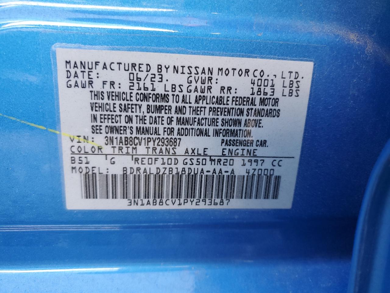 2023 NISSAN SENTRA SV VIN:3N1AB8CV1PY293687
