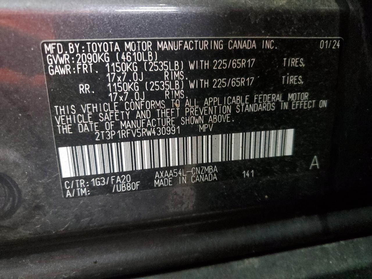 2024 TOYOTA RAV4 XLE VIN:2T3P1RFV5RW430991