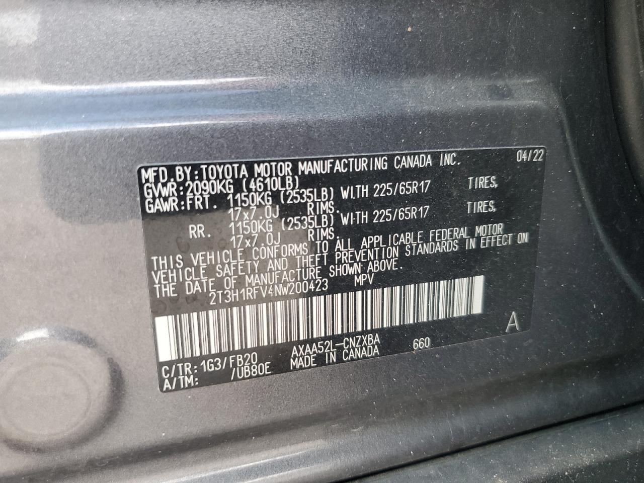 2022 TOYOTA RAV4 LE VIN:2T3H1RFV4NW200423