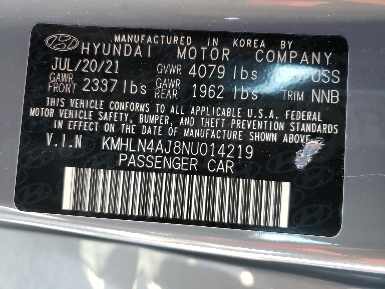 2022 HYUNDAI ELANTRA LIMITED VIN:KMHLN4AJ8NU014219