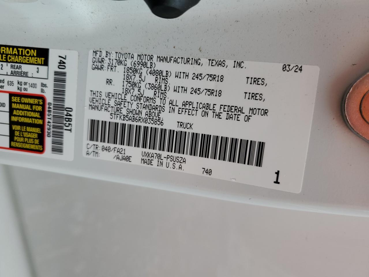 2024 TOYOTA TUNDRA CREWMAX SR VIN:5TFKB5AB6RX035856