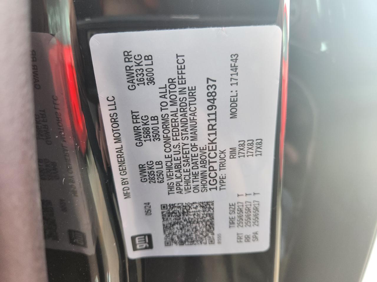 2024 CHEVROLET COLORADO LT VIN:1GCPTCEK1R1194837