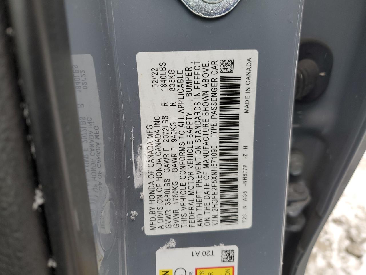 2022 HONDA CIVIC SPORT VIN:2HGFE2F5XNH571090