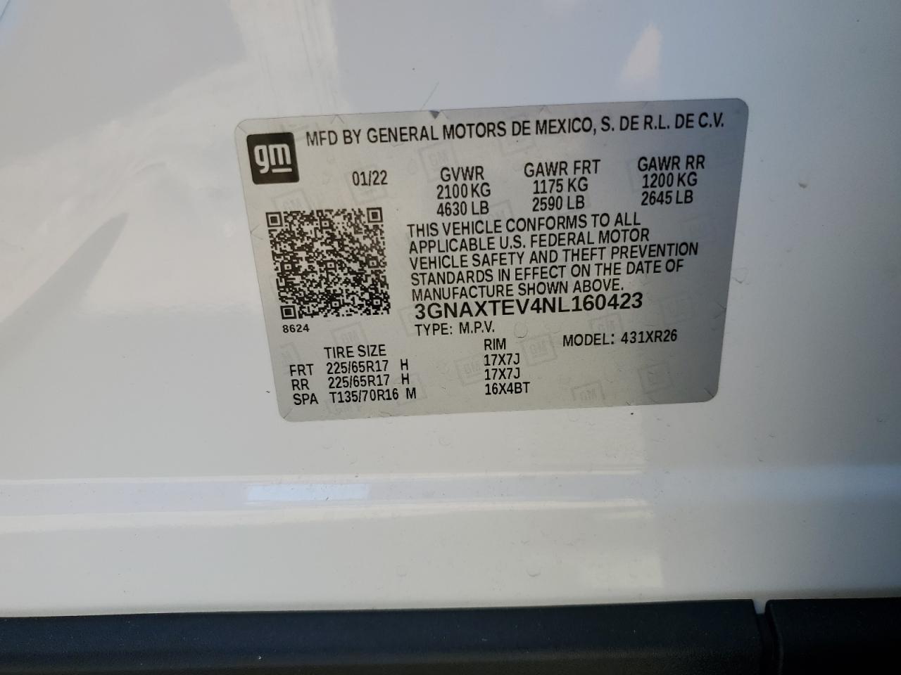 2022 CHEVROLET EQUINOX LT VIN:3GNAXTEV4NL160423