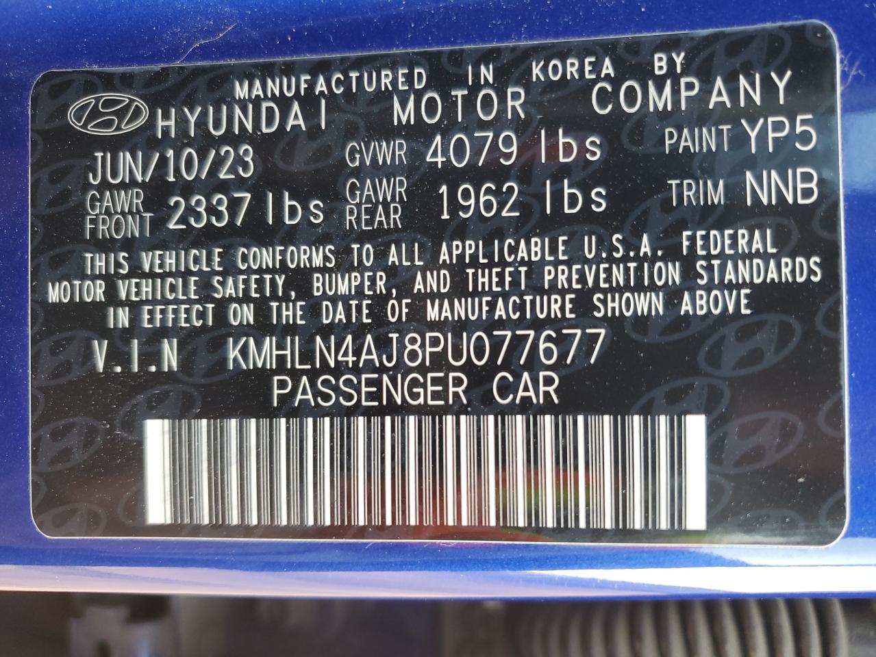 2023 HYUNDAI ELANTRA LIMITED VIN:KMHLN4AJ8PU077677