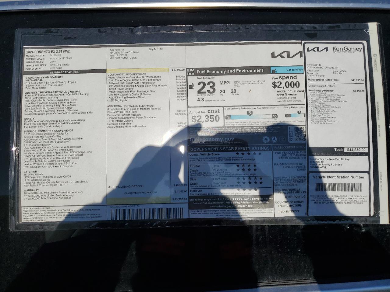 2024 KIA SORENTO EX VIN:5XYRH4JF3RG308331