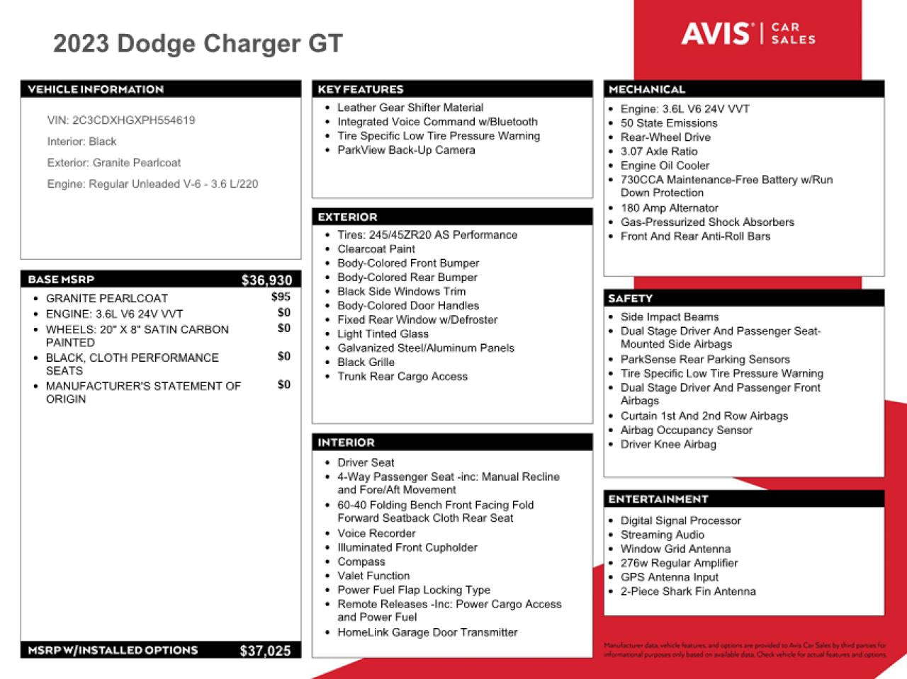 2023 DODGE CHARGER GT VIN:2C3CDXHGXPH554619