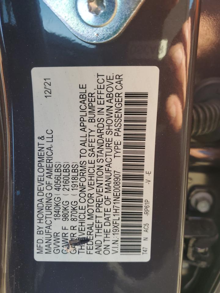 2022 HONDA CIVIC EXL VIN:19XFL1H71NE008907