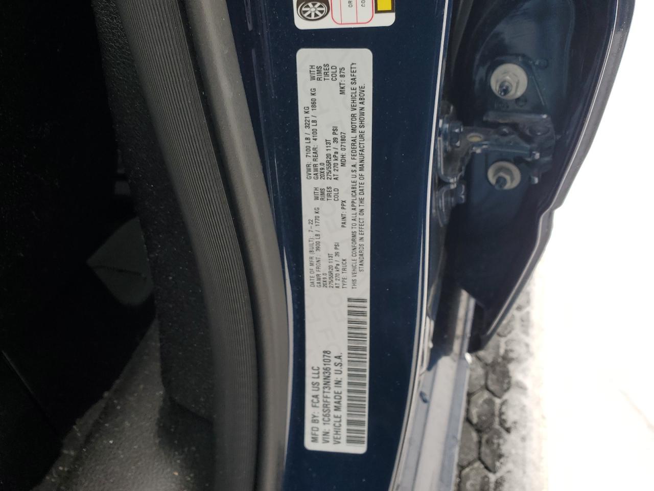 2022 RAM 1500 BIG HORN/LONE STAR VIN:1C6SRFFT3NN361078