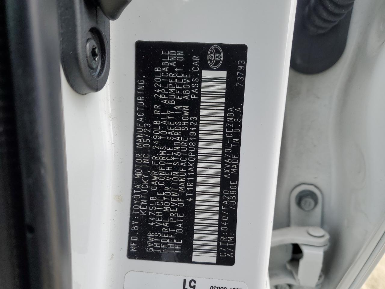 2023 TOYOTA CAMRY LE VIN:4T1R11AK0PU819423