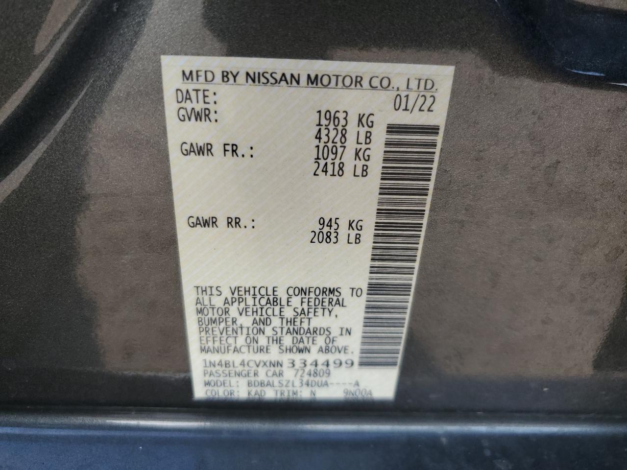 2022 NISSAN ALTIMA SR VIN:1N4BL4CVXNN334499