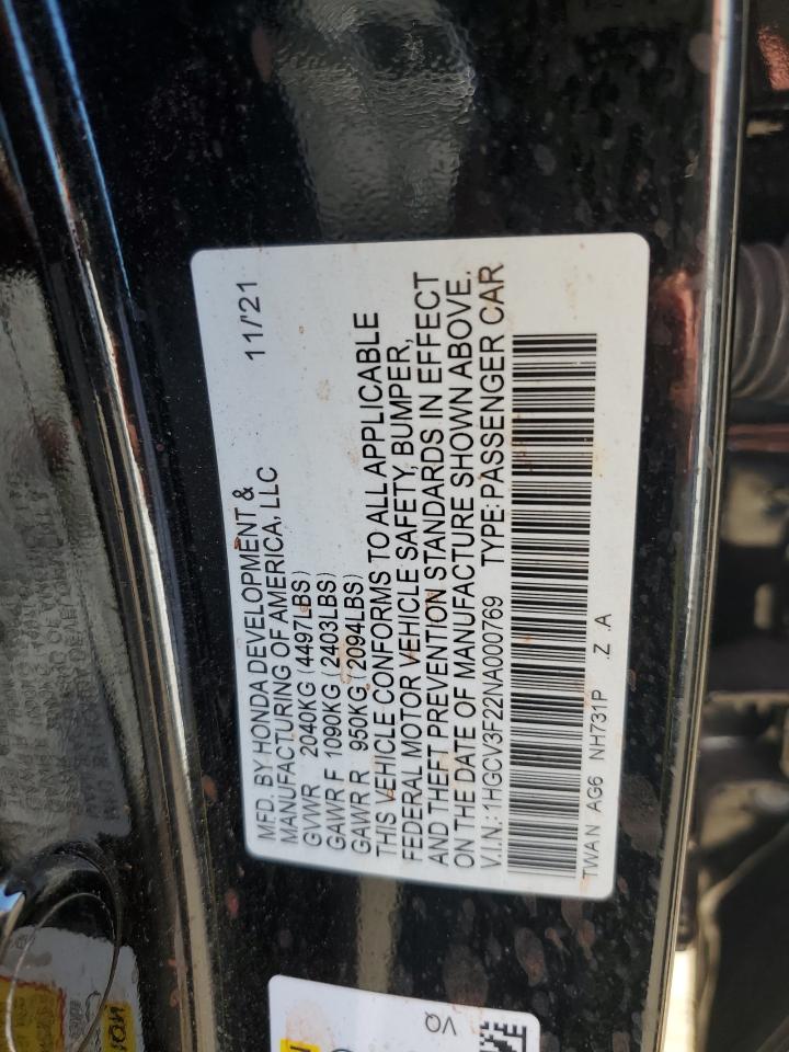 2022 HONDA ACCORD HYBRID SPORT VIN:1HGCV3F22NA000769