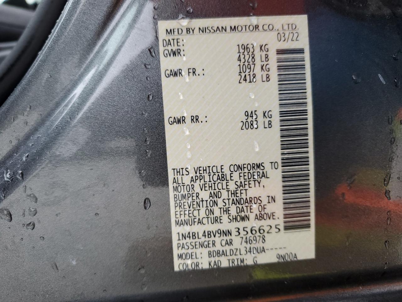 2022 NISSAN ALTIMA S VIN:1N4BL4BV9NN356625