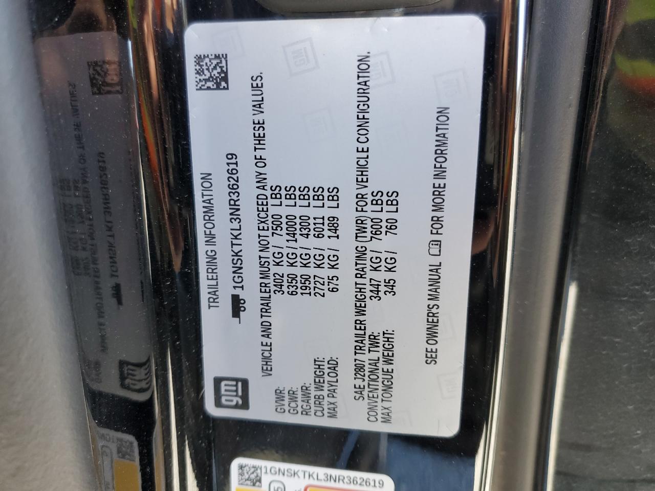 2022 CHEVROLET TAHOE K1500 HIGH COUNTRY VIN:1GNSKTKL3NR362619