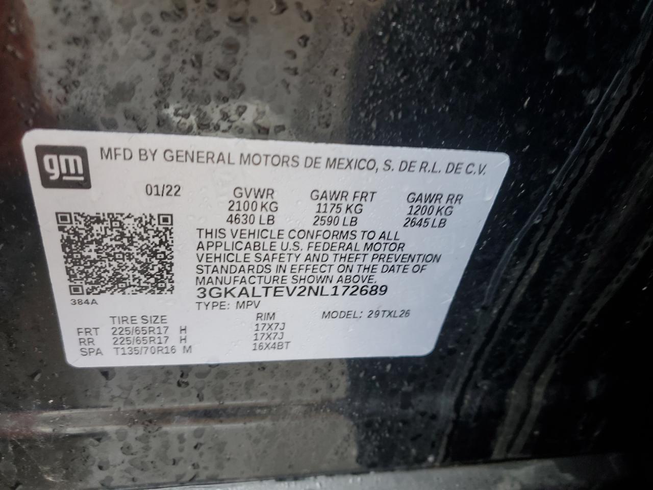 2022 GMC TERRAIN SLE VIN:3GKALTEV2NL172689