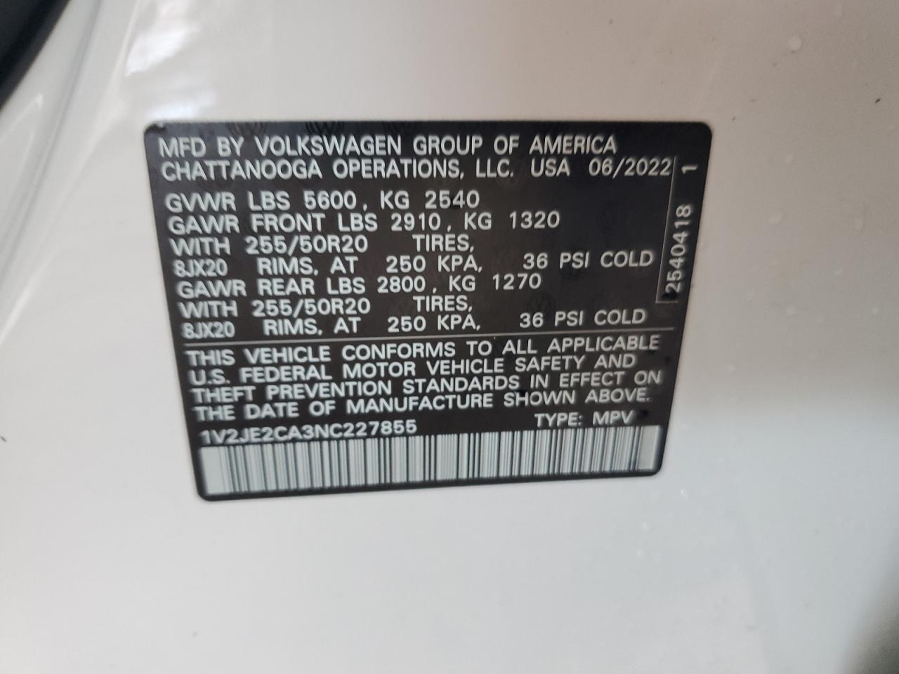 2022 VOLKSWAGEN ATLAS CROSS SPORT SE VIN:1V2JE2CA3NC227855