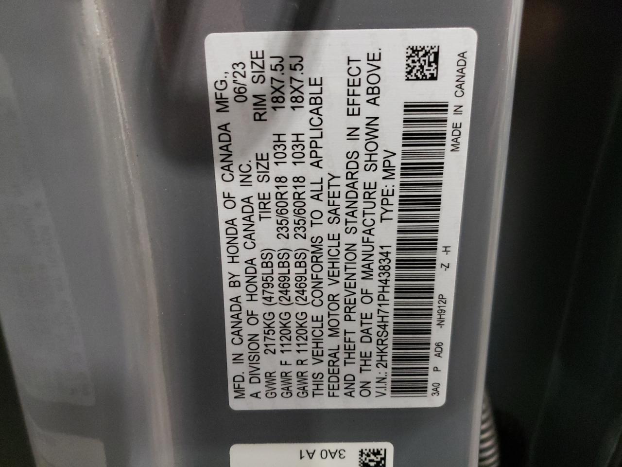 2023 HONDA CR-V EXL VIN:2HKRS4H71PH438341