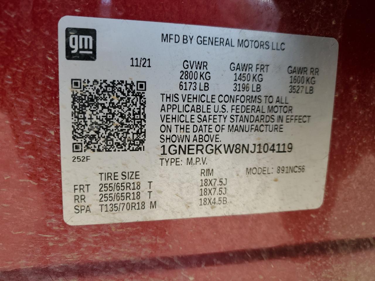 2022 CHEVROLET TRAVERSE LT VIN:1GNERGKW8NJ104119