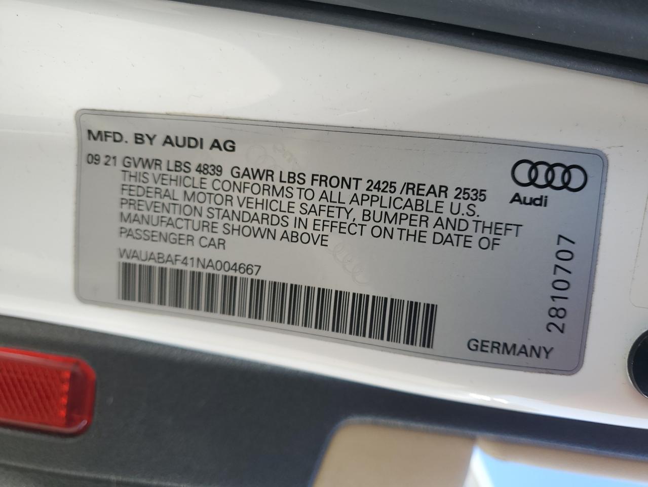 2022 AUDI A4 PREMIUM 40 VIN:WAUABAF41NA004667
