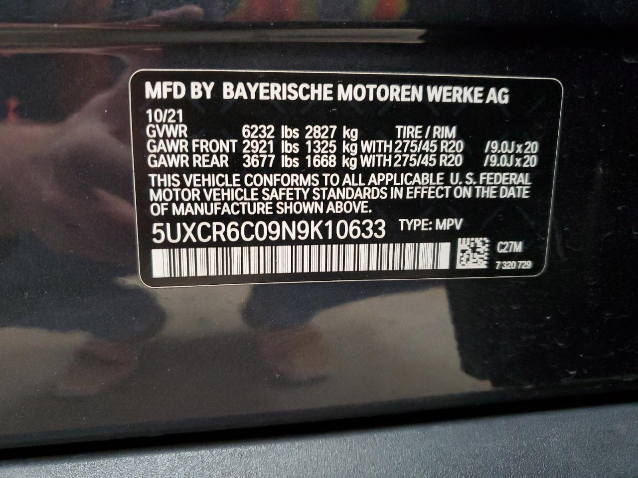 2022 BMW X5 XDRIVE40I VIN:5UXCR6C09N9K10633